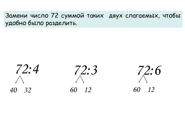 Замени число 72 суммой таких двух слагаемых, чтобы удобно было разделить.