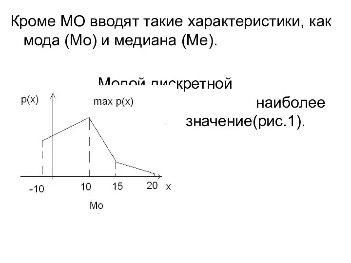 Кроме МО вводят такие характеристики, как мода (Мо) и медиана (Ме).