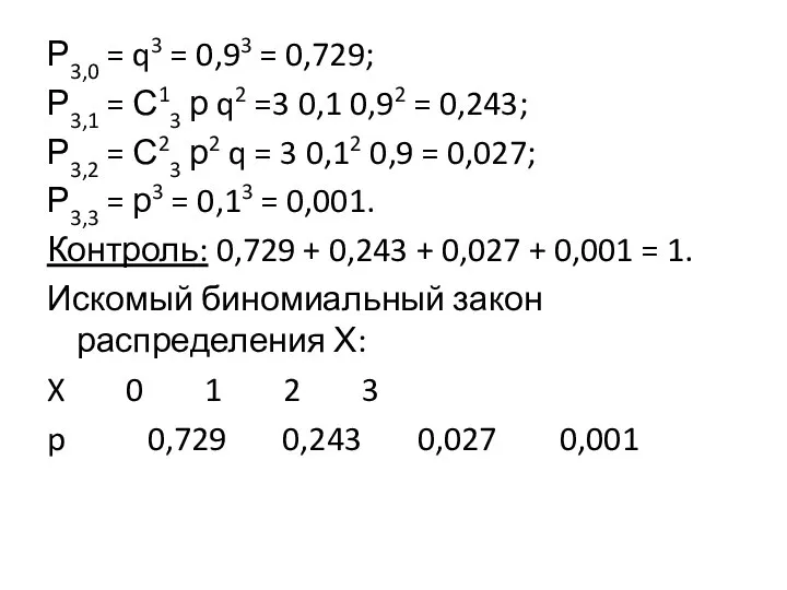 Р3,0 = q3 = 0,93 = 0,729; Р3,1 = С13 р