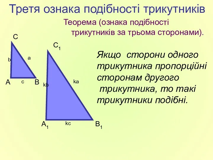 Третя ознака подібності трикутників Теорема (ознака подібності трикутників за трьома сторонами).