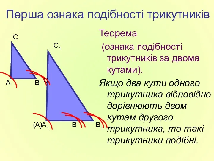 Перша ознака подібності трикутників Теорема (ознака подібності трикутників за двома кутами).