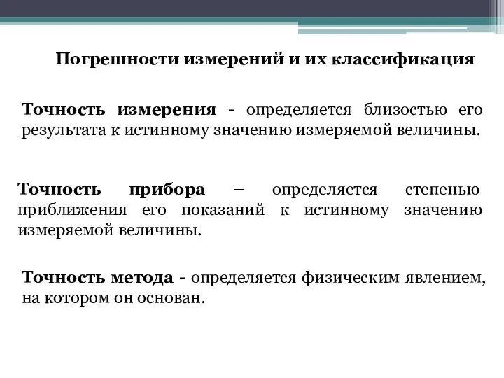 Погрешности измерений и их классификация Точность измерения - определяется близостью его