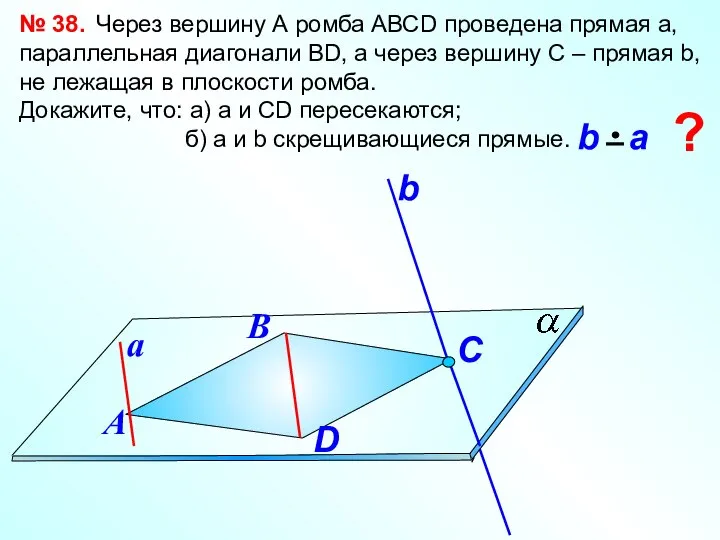 № 38. Через вершину А ромба АВСD проведена прямая а, параллельная