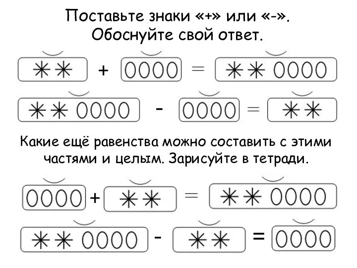 Поставьте знаки «+» или «-». Обоснуйте свой ответ. Какие ещё равенства