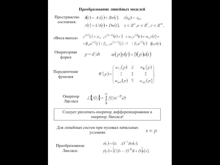 Преобразование линейных моделей Пространство состояния: «Вход-выход» Операторная форма Передаточная функция Преобразование