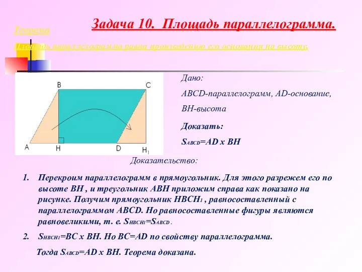 Теорема Площадь параллелограмма равна произведению его основания на высоту. Дано: ABCD-параллелограмм,