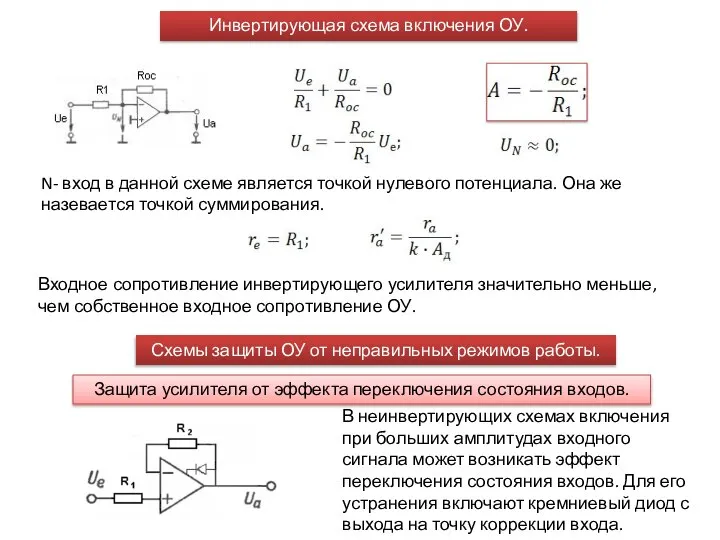 Инвертирующая схема включения ОУ. N- вход в данной схеме является точкой