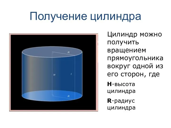 Получение цилиндра Цилиндр можно получить вращением прямоугольника вокруг одной из его