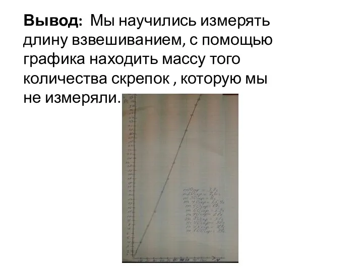 Вывод: Мы научились измерять длину взвешиванием, с помощью графика находить массу