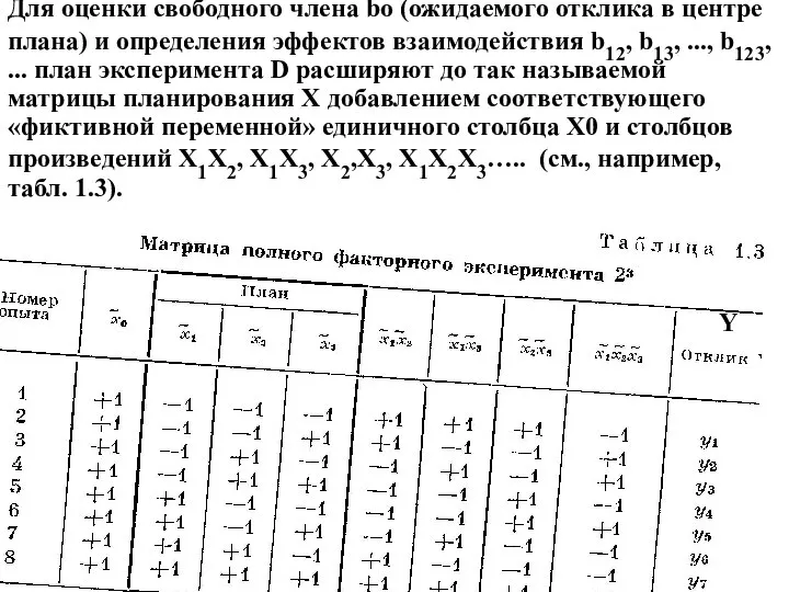 Для оценки свободного члена bо (ожидаемого отклика в центре плана) и