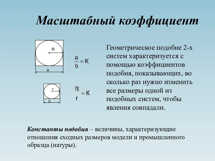 Масштабный коэффициент Геометрическое подобие 2-х систем характеризуется с помощью коэффициентов подобия,