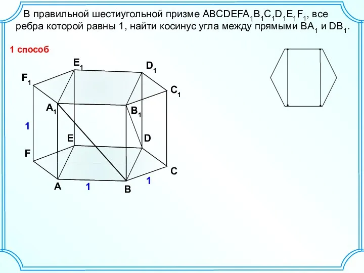 В правильной шестиугольной призме ABCDEFA1B1C1D1E1F1, все ребра которой равны 1, найти