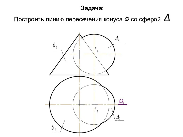 Задача: Построить линию пересечения конуса Ф со сферой Δ