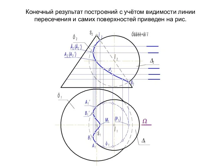 Конечный результат построений с учётом видимости линии пересечения и самих поверхностей приведен на рис.