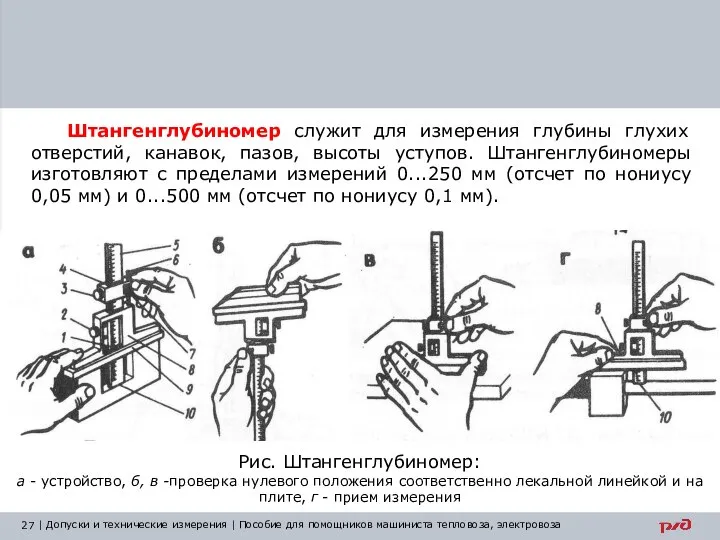 Штангенглубиномер служит для измерения глубины глухих отверстий, канавок, пазов, высоты уступов.