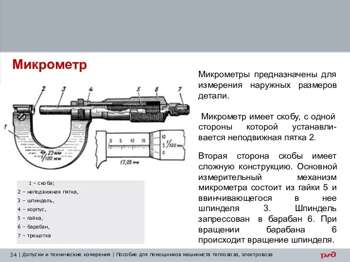 Микрометр Микрометры предназначены для измерения наружных размеров детали. Микрометр имеет скобу,