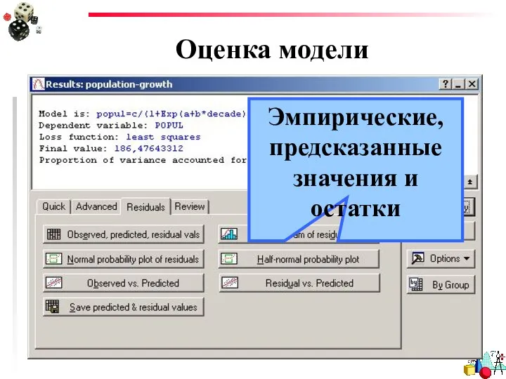 Оценка модели Эмпирические, предсказанные значения и остатки