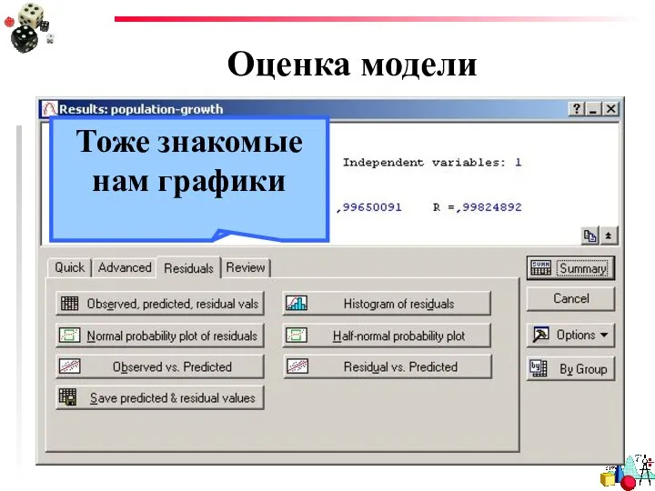 Оценка модели Гистограмма распределения остатков Тоже знакомые нам графики