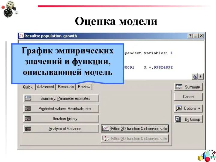 Оценка модели График эмпирических значений и функции, описывающей модель