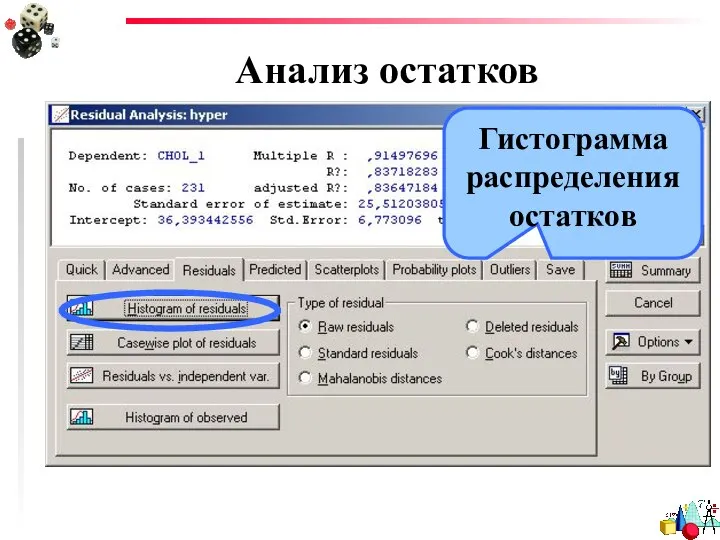 Анализ остатков Гистограмма распределения остатков