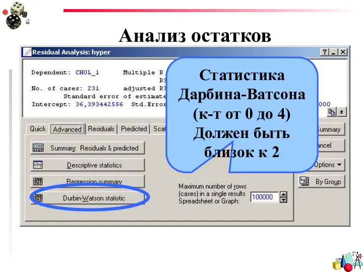 Анализ остатков Статистика Дарбина-Ватсона (к-т от 0 до 4) Должен быть близок к 2