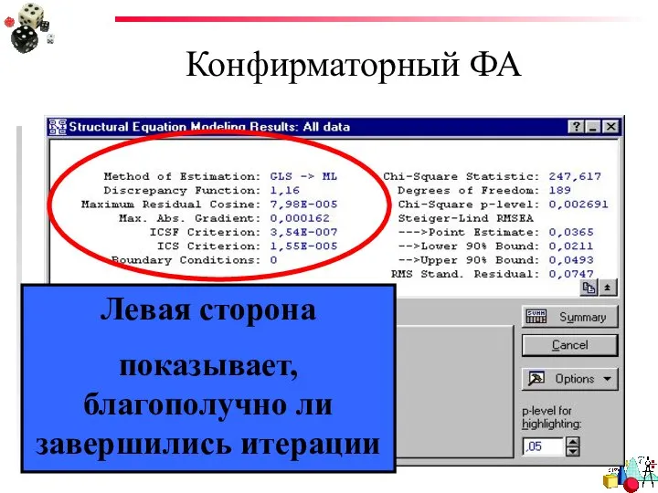 Конфирматорный ФА Левая сторона показывает, благополучно ли завершились итерации