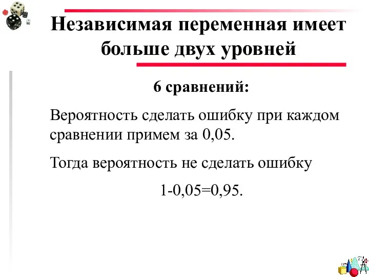 Независимая переменная имеет больше двух уровней 6 сравнений: Вероятность сделать ошибку