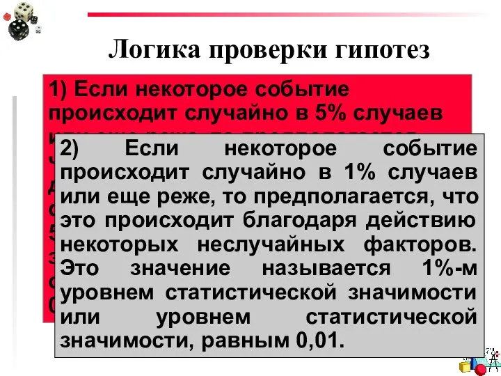 Логика проверки гипотез 1) Если некоторое событие происходит случайно в 5%