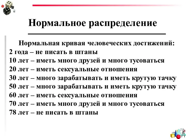 Нормальное распределение Нормальная кривая человеческих достижений: 2 года – не писать