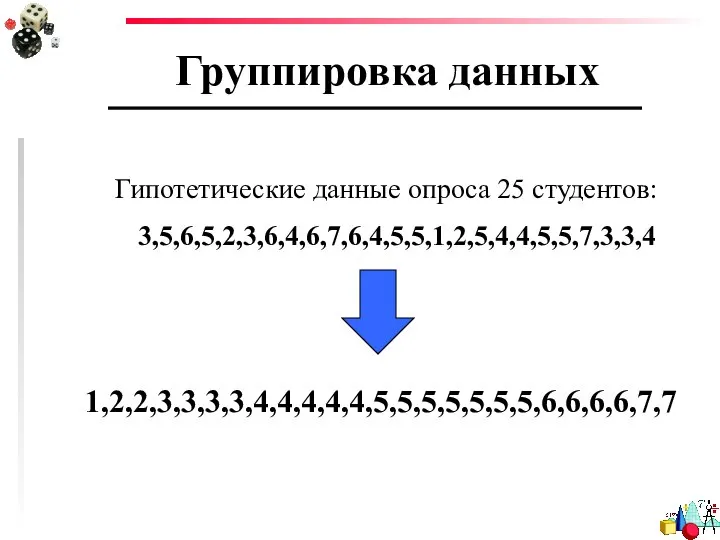 Группировка данных Гипотетические данные опроса 25 студентов: 3,5,6,5,2,3,6,4,6,7,6,4,5,5,1,2,5,4,4,5,5,7,3,3,4 1,2,2,3,3,3,3,4,4,4,4,4,5,5,5,5,5,5,5,6,6,6,6,7,7