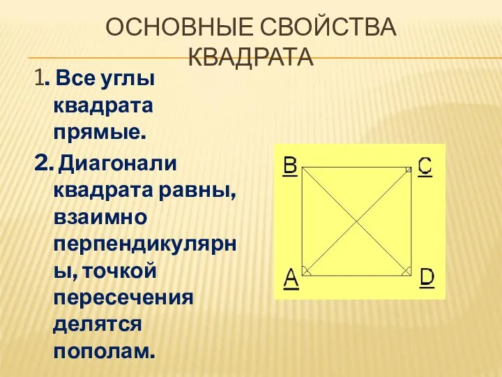 ОСНОВНЫЕ СВОЙСТВА КВАДРАТА 1. Все углы квадрата прямые. 2. Диагонали квадрата