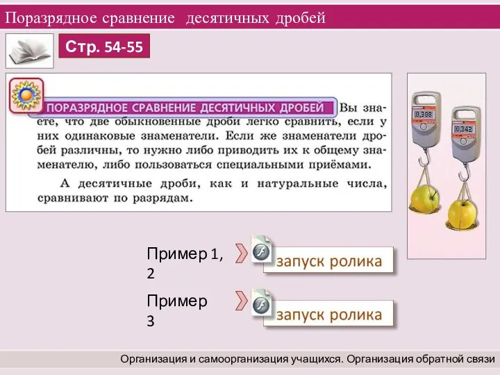 Поразрядное сравнение десятичных дробей Организация и самоорганизация учащихся. Организация обратной связи Пример 1, 2 Пример 3