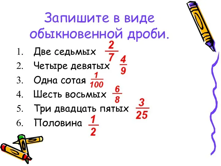 Запишите в виде обыкновенной дроби. Две седьмых Четыре девятых Одна сотая