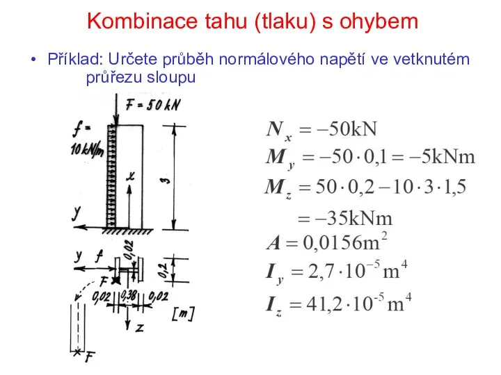 Kombinace tahu (tlaku) s ohybem Příklad: Určete průběh normálového napětí ve vetknutém průřezu sloupu