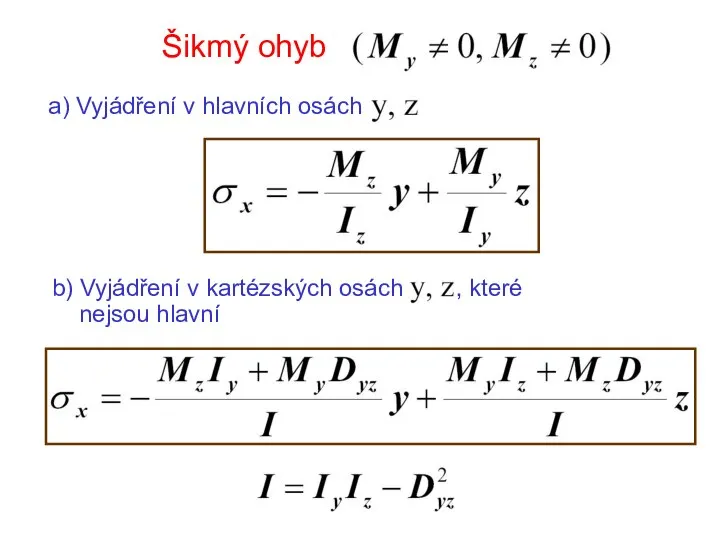 Šikmý ohyb a) Vyjádření v hlavních osách b) Vyjádření v kartézských osách , které nejsou hlavní