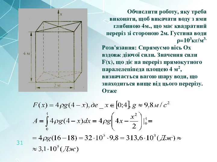 Обчислити роботу, яку треба виконати, щоб викачати воду з ями глибиною