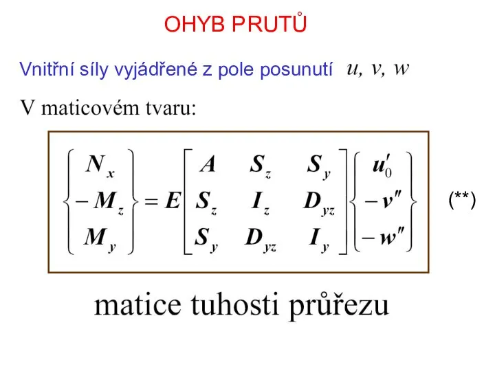 OHYB PRUTŮ Vnitřní síly vyjádřené z pole posunutí (**)