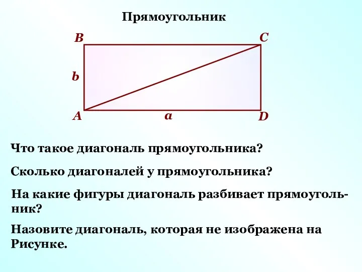 Прямоугольник Что такое диагональ прямоугольника? А В С D а b