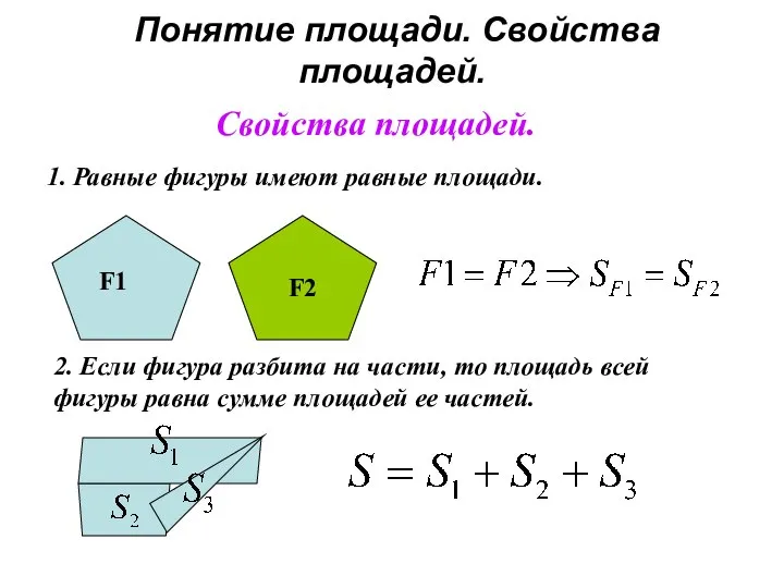 Понятие площади. Свойства площадей. Свойства площадей. 1. Равные фигуры имеют равные