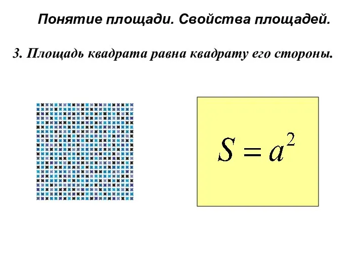 Понятие площади. Свойства площадей. 3. Площадь квадрата равна квадрату его стороны.