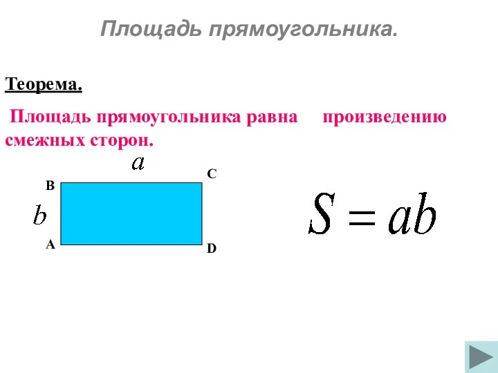 Площадь прямоугольника. Теорема. Площадь прямоугольника равна произведению смежных сторон. А В С D