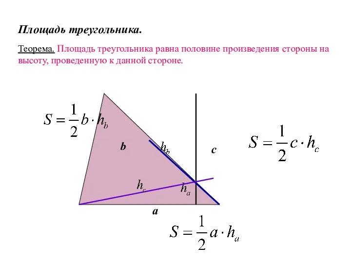 Площадь треугольника. Теорема. Площадь треугольника равна половине произведения стороны на высоту,