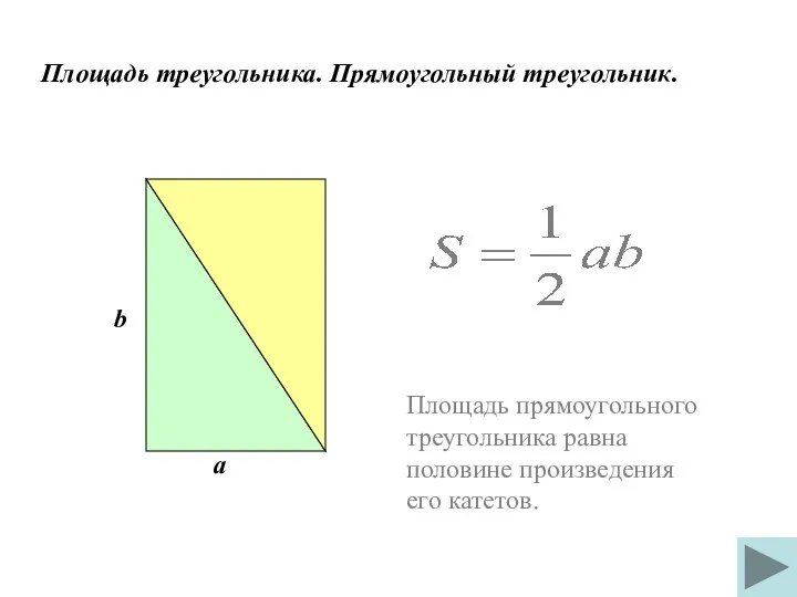 Площадь треугольника. Прямоугольный треугольник. а b Площадь прямоугольного треугольника равна половине произведения его катетов.