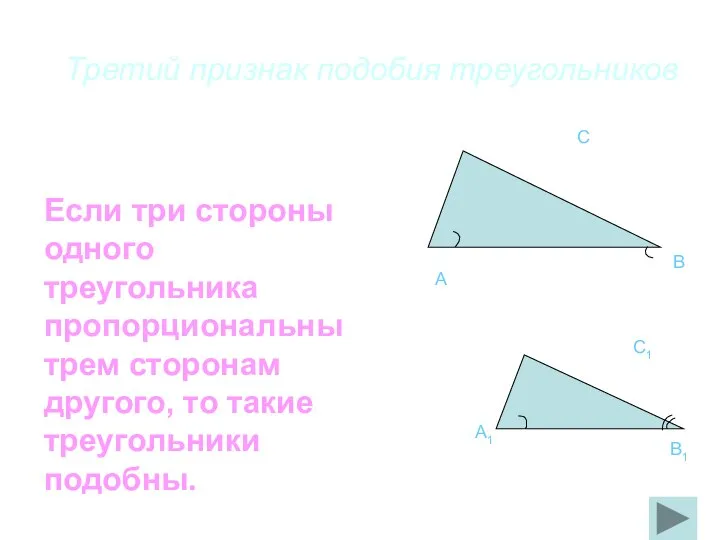 Третий признак подобия треугольников A C B A1 C1 B1 Если