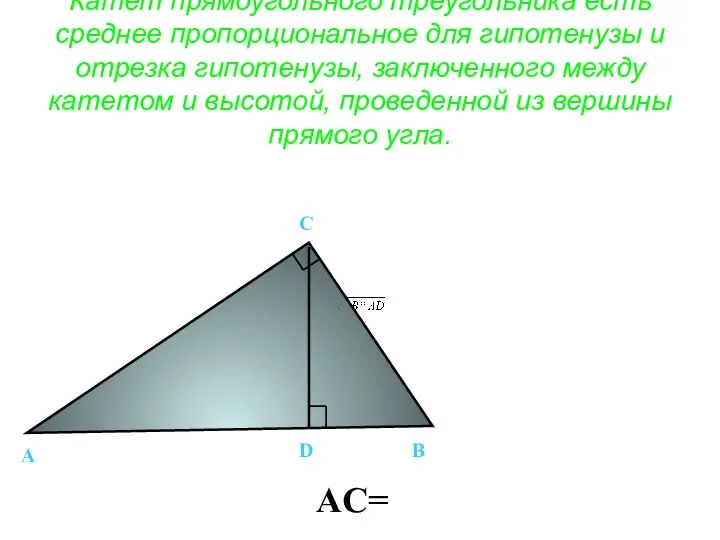 Катет прямоугольного треугольника есть среднее пропорциональное для гипотенузы и отрезка гипотенузы,