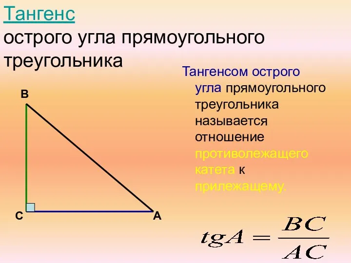 Тангенс острого угла прямоугольного треугольника Тангенсом острого угла прямоугольного треугольника называется