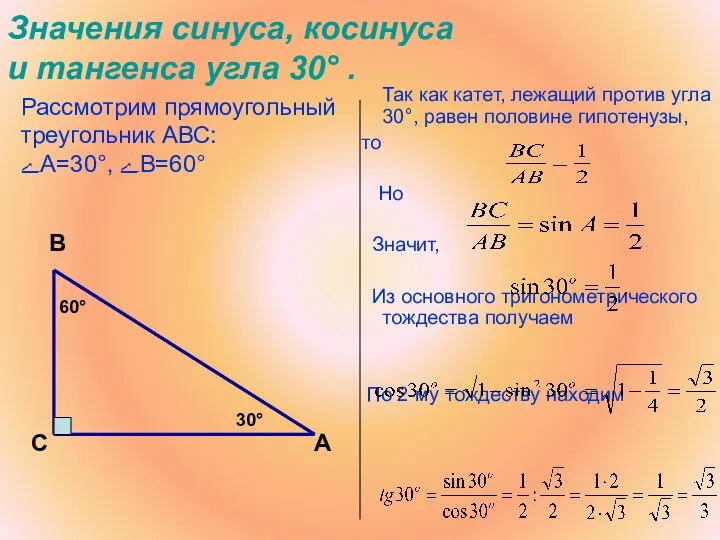 Значения синуса, косинуса и тангенса угла 30° . Так как катет,