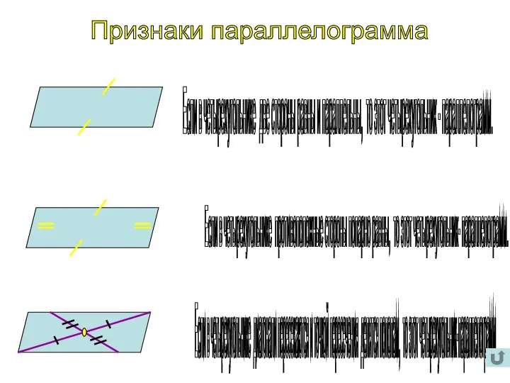 Признаки параллелограмма Если в четырехугольнике две стороны равны и параллельны, то