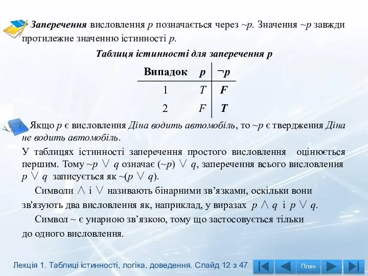 Заперечення висловлення р позначається через ~p. Значення ~р завжди протилежне значенню