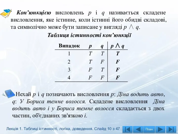 Кон’юнкцією висловлень p і q називається складене висловлення, яке істинне, коли